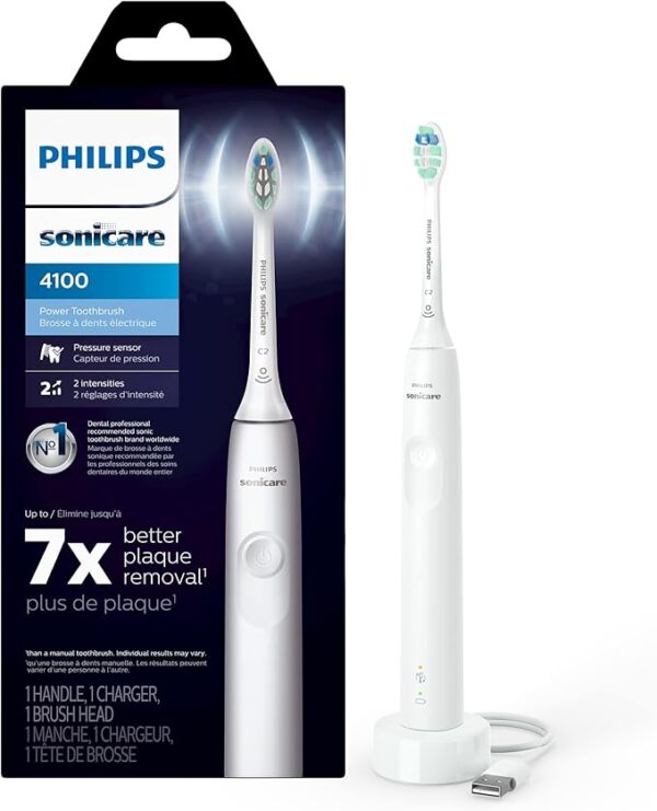 Limited time deal 40% off Philips Sonicare 4100 Rechargeable Electric Toothbrush, with Pressure Sensor, 2 Intensity Settings, SmarTimer and QuadPacer,