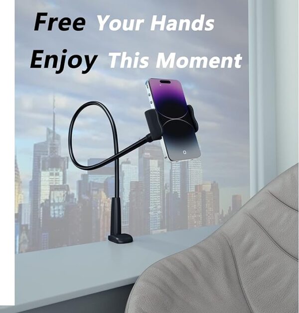 Cell Phone Clip Bed Stand Holder, with Grip Flexible Long Arm Gooseneck Bracket Mount Clamp for Desk - Image 3