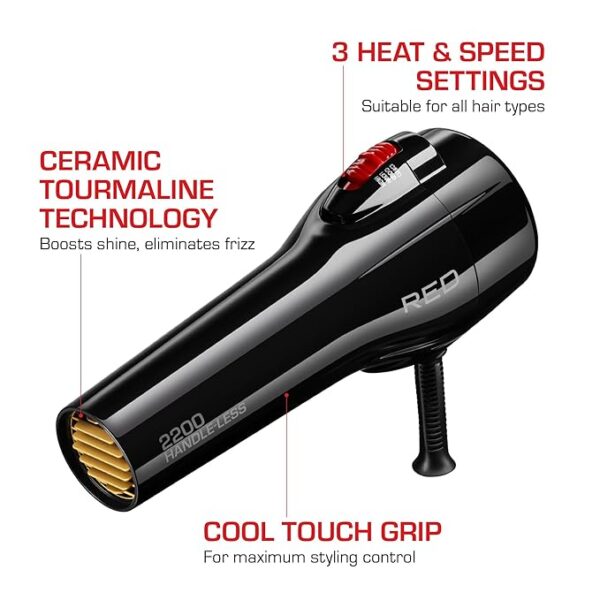 RED by Kiss Handle-Less 2200W Ceramic Tourmaline Hair Dryer, 3 Heat Settings - Image 4