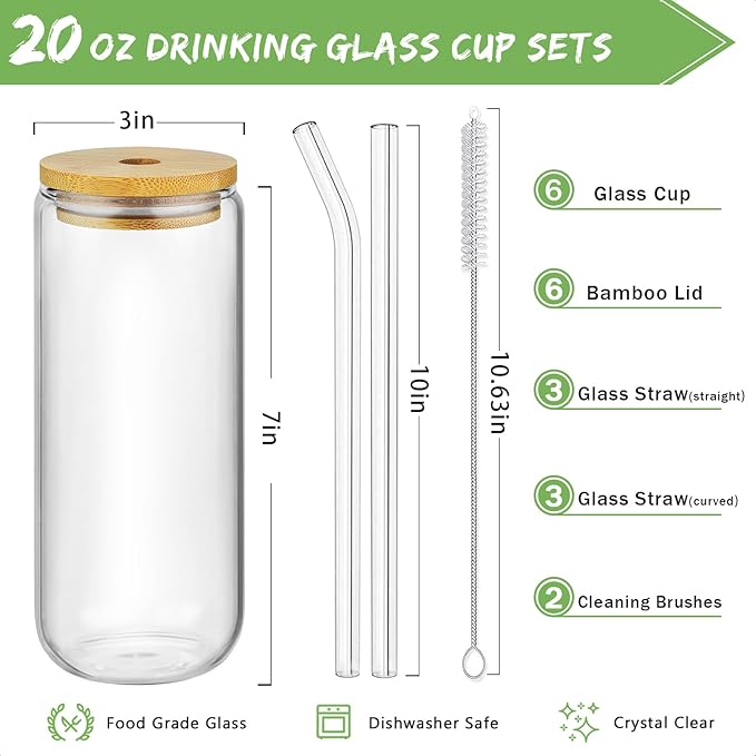 20 Oz Drinking Glasses with Bamboo Lids and Glass Straw - Image 2