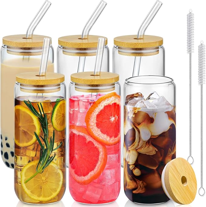 20 Oz Drinking Glasses with Bamboo Lids and Glass Straw